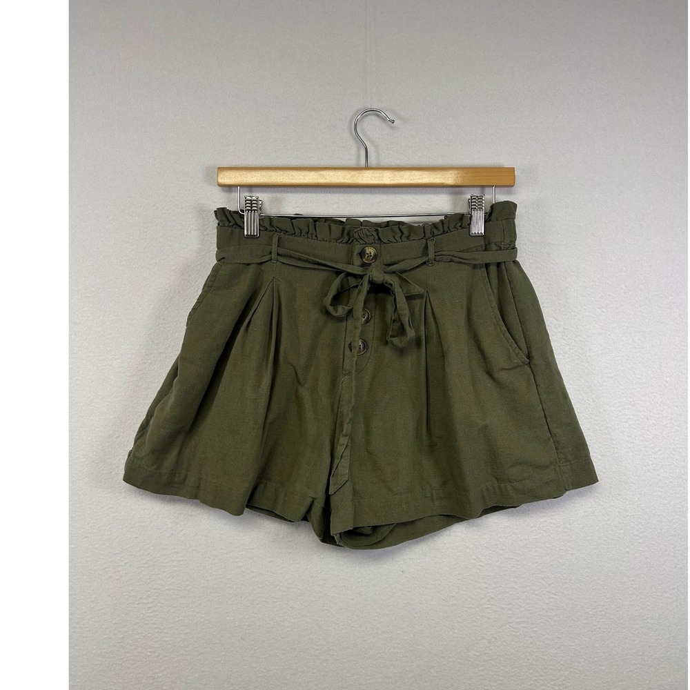 Boho American Eagle Womens Medium Olive Green Paperbag Waist Tie Front Shorts